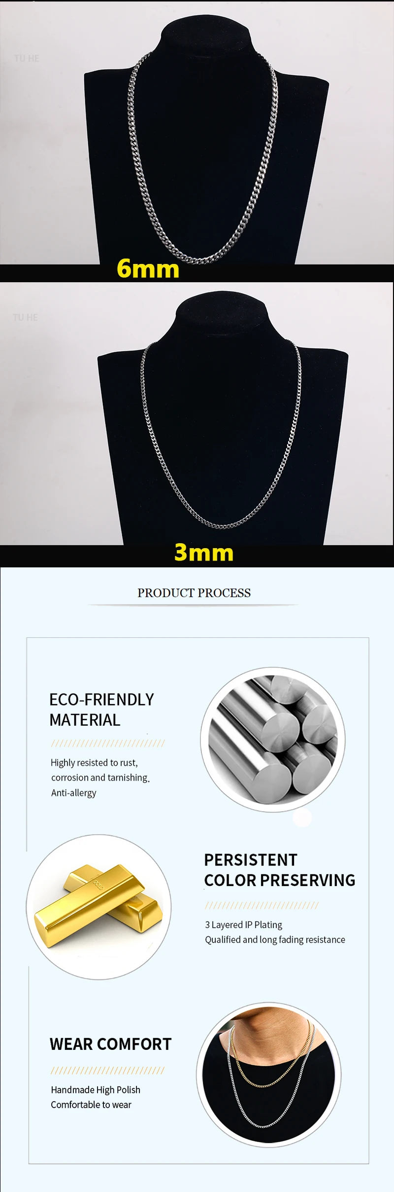 3mm 6mm Wide Stainless Steel Chain Cuban Link Chains Chokers Necklace For Mens Jewelry Silver Plated Solid Metal Fashion Jewelry