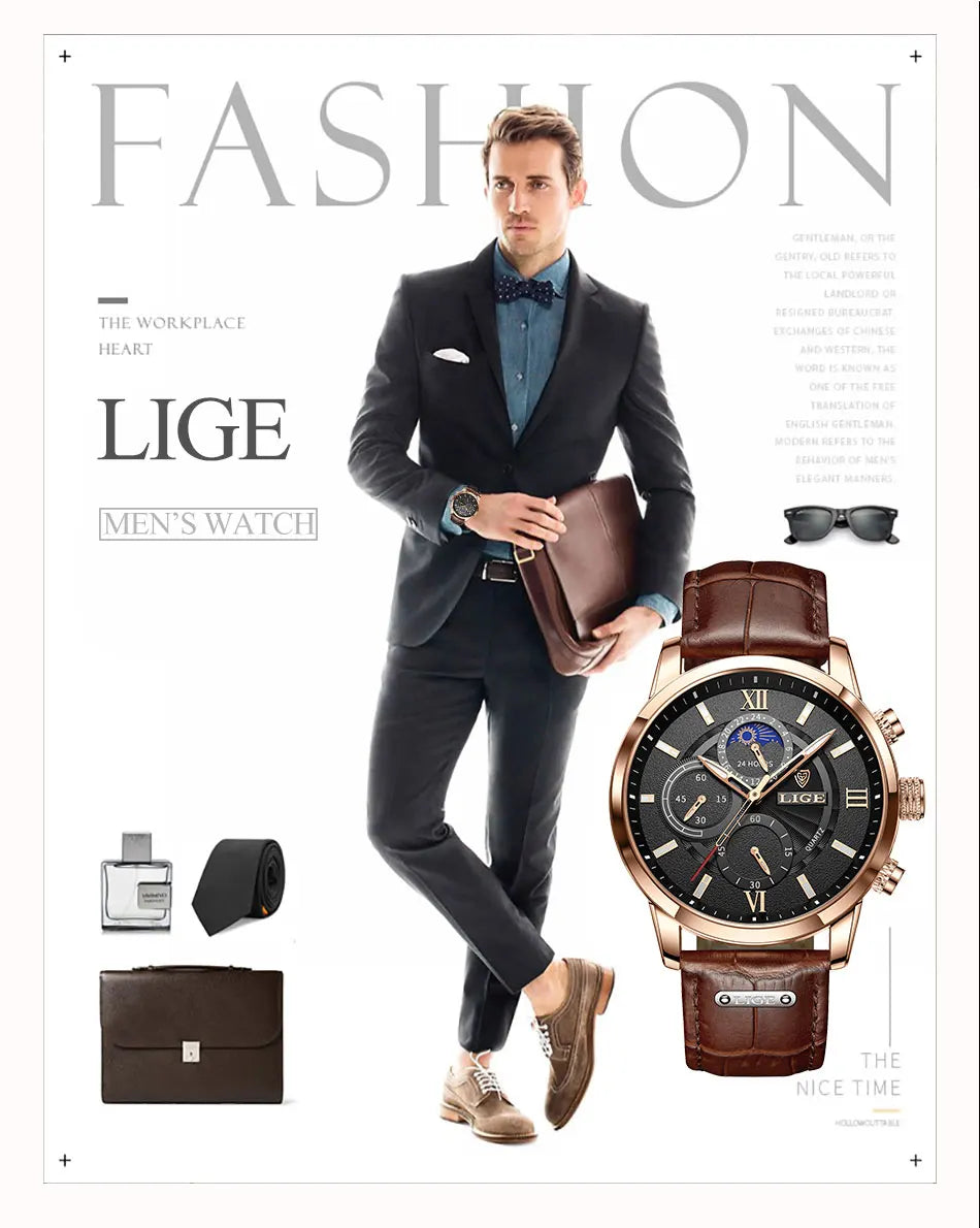 2025 New Mens Watches LIGE Top Brand Luxury Leather Casual Quartz Watch Men's Sport Waterproof Clock Watch Relogio Masculino+Box