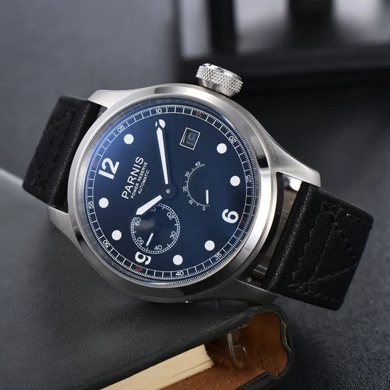 46mm parnis Black Dial Date Power reserve leather ST 2530 automatic movement mens watch