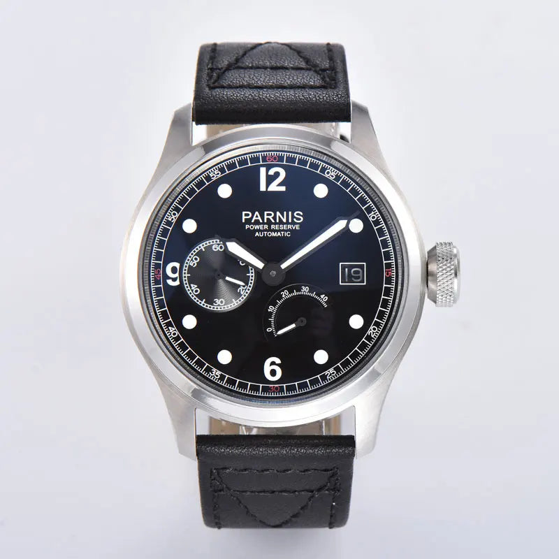 46mm parnis Black Dial Date Power reserve leather ST 2530 automatic movement mens watch