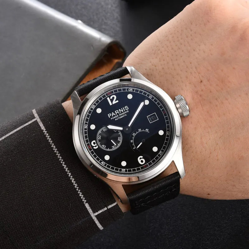 46mm parnis Black Dial Date Power reserve leather ST 2530 automatic movement mens watch