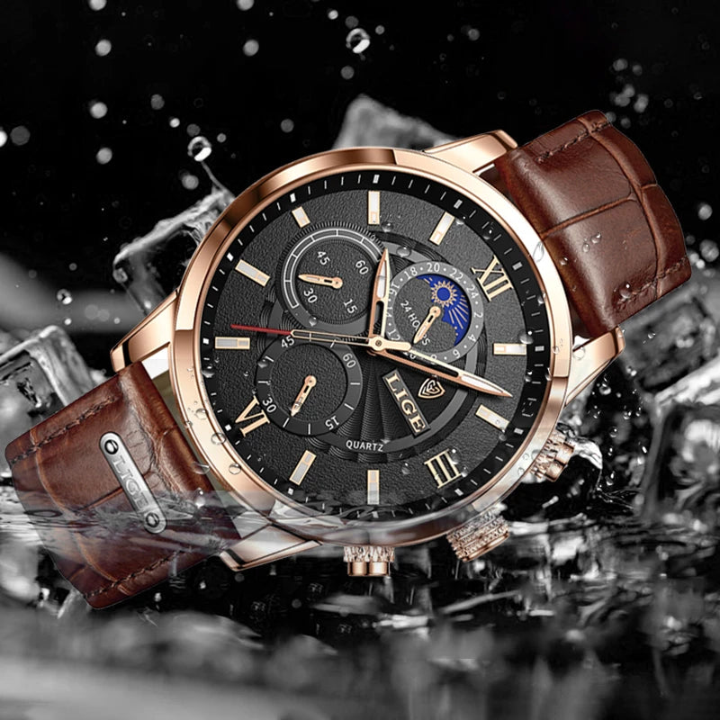 2025 New Mens Watches LIGE Top Brand Luxury Leather Casual Quartz Watch Men's Sport Waterproof Clock Watch Relogio Masculino+Box