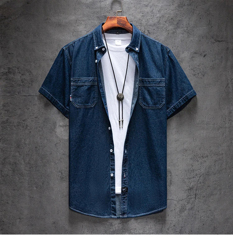 Men's Denim Shirts Short Sleeve Cotton Slim cotton Jeans Denim Shirts Men Summer High Quality Pockets Shirt Men Clothing