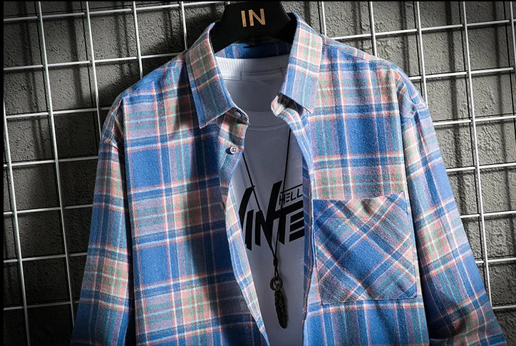 Men's Clothing Fashion Cotton Shirts Single Pocket Long Sleeve Youthful Soft Casual Plaid Checkered Top Male Shirts  for men