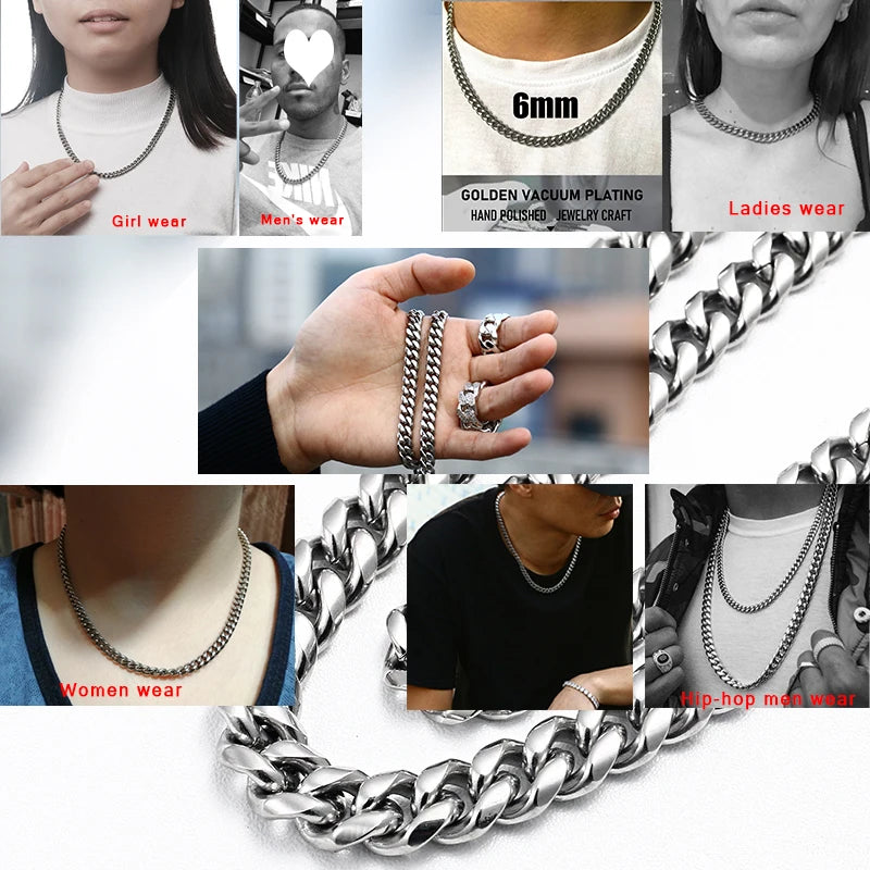 3mm 6mm Wide Stainless Steel Chain Cuban Link Chains Chokers Necklace For Mens Jewelry Silver Plated Solid Metal Fashion Jewelry