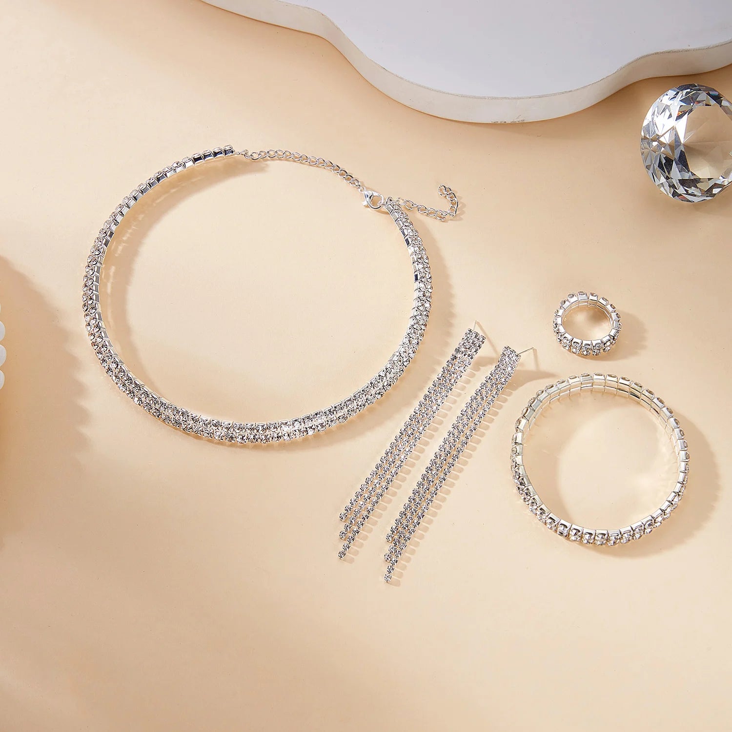 Exquisite Zircon Tennis Bracelet Choker Necklace for Women Full Rhinestone Dangle Earrings and Ring Wedding Party Jewelry Set