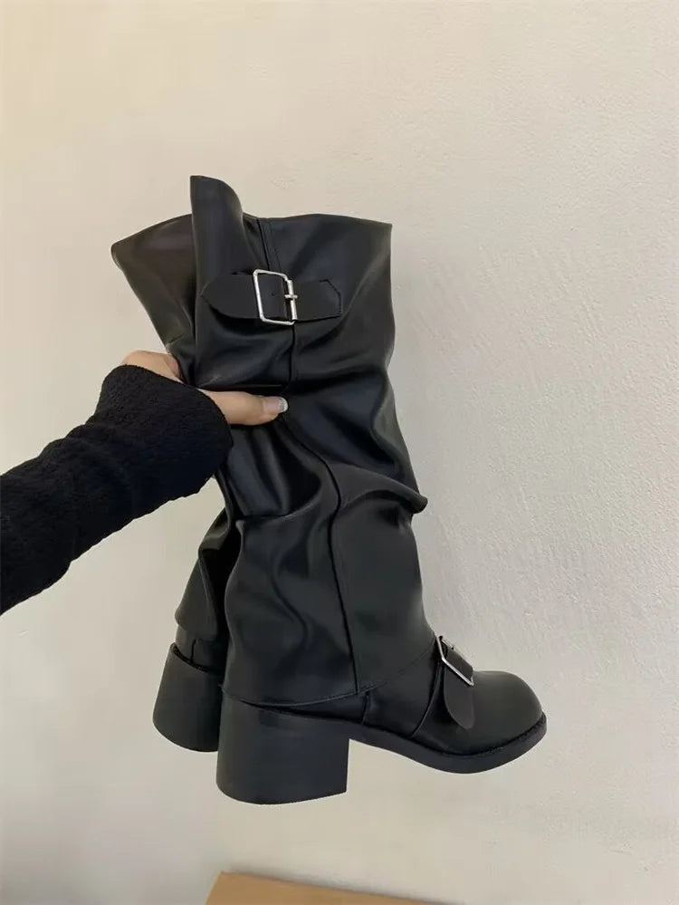 2025Woman Boots Knee High Platform Chunky Heels Trend Punk Gothic New Rock Leather Fashion Women's Shoes Motorcycle Footwear