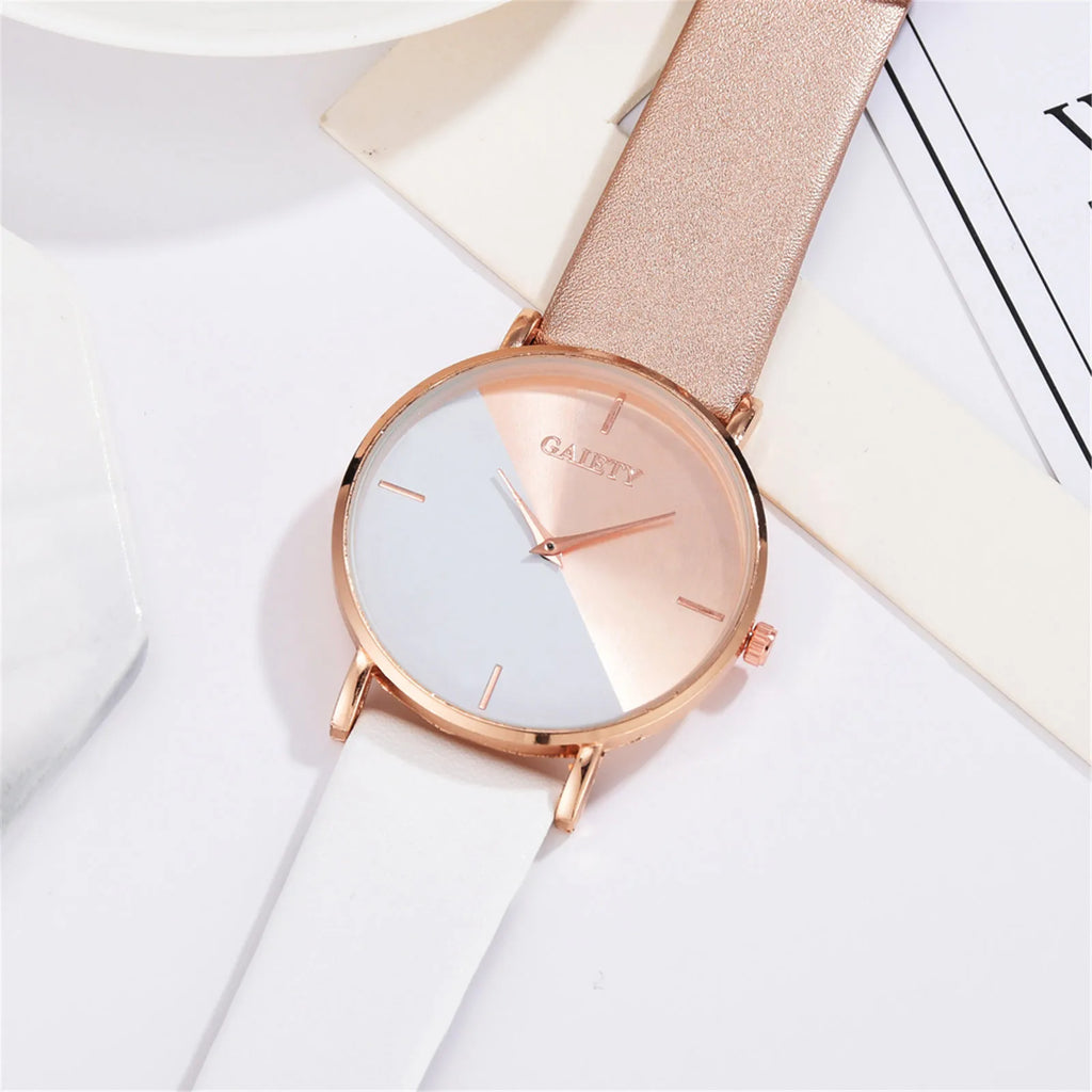 Women'S Watch Set Luxury Fashion Light Luxury Geometric Stitching Quartz Style Pu Leather Strap Round Dial Women'S Gift