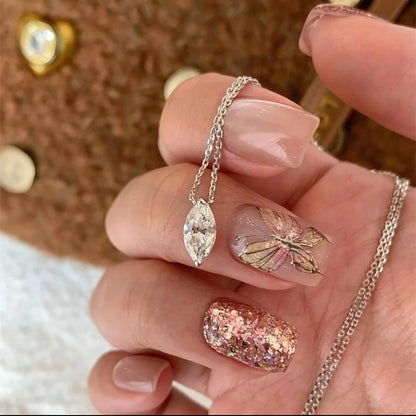 925 Silver Plated Fashion Golden Marquise Series Zircon Ring Necklace For Women Engagement Wedding Simple Jewelry Set