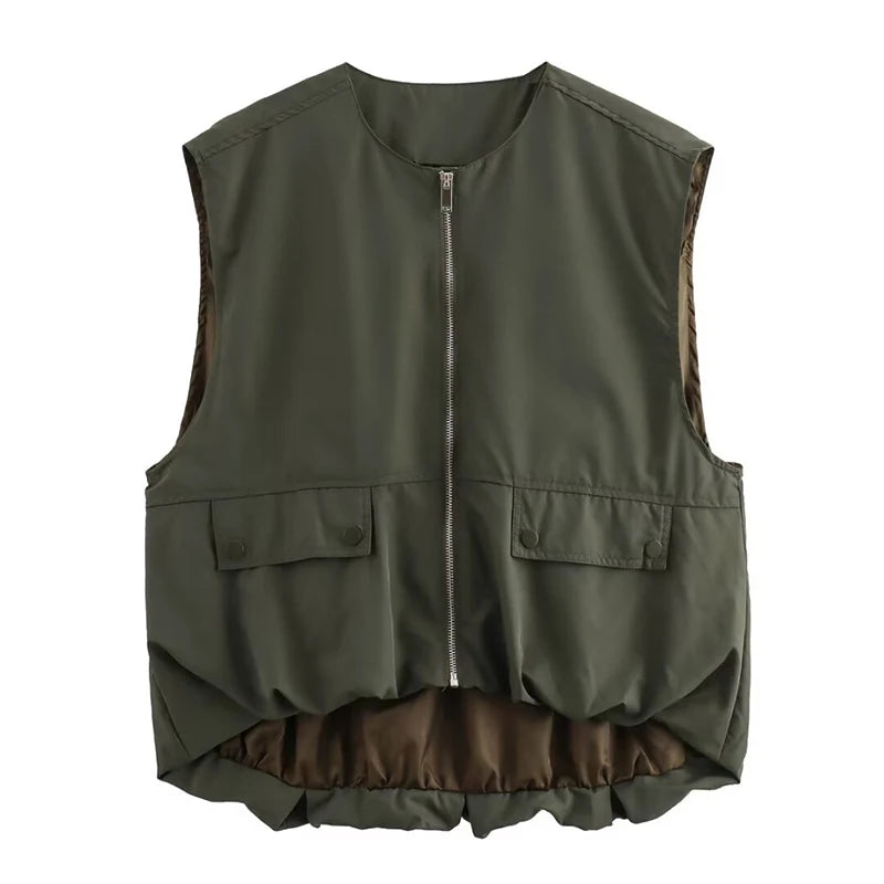 Women's Cropped Waistcoat Fashion Zipper Vest Women Sleeveless Loose Coats Female Chic Pleat Tops жилетка женская укороченная