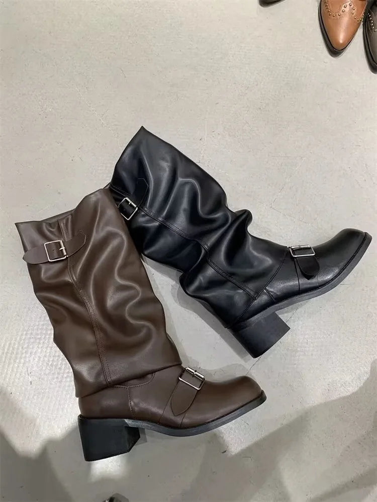 2025Woman Boots Knee High Platform Chunky Heels Trend Punk Gothic New Rock Leather Fashion Women's Shoes Motorcycle Footwear