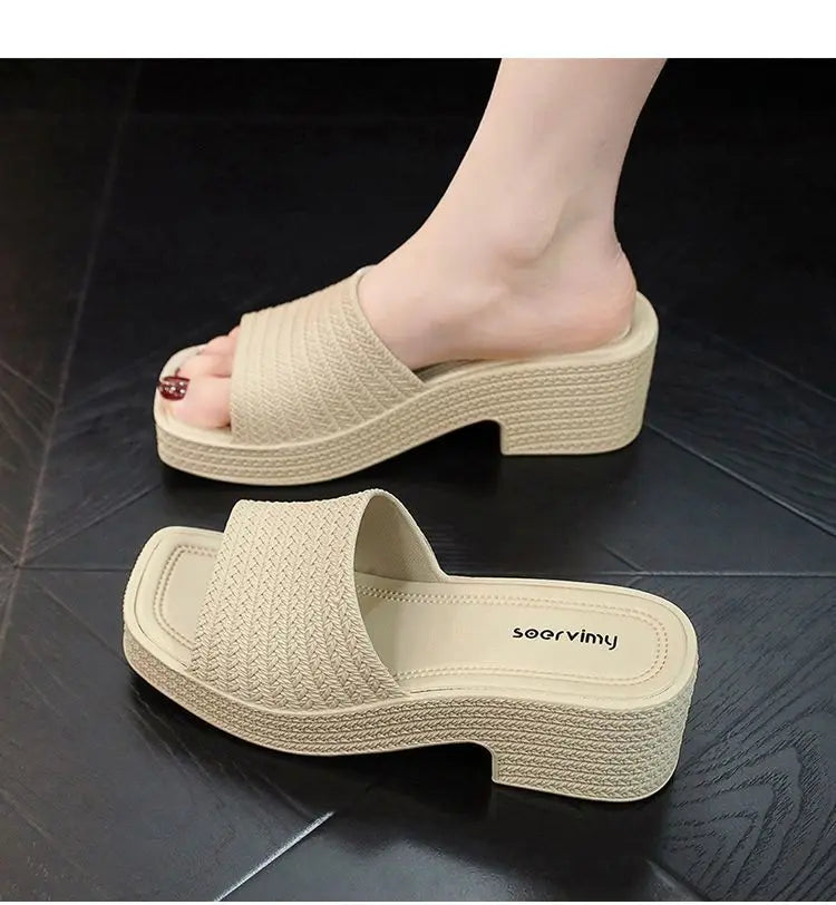 35-40 Women Slippers Wedges Sandals Summer Shoes Female Beach Flip Flops Thick-soled Square Toe Mules Clogs Platform Footwear Y2
