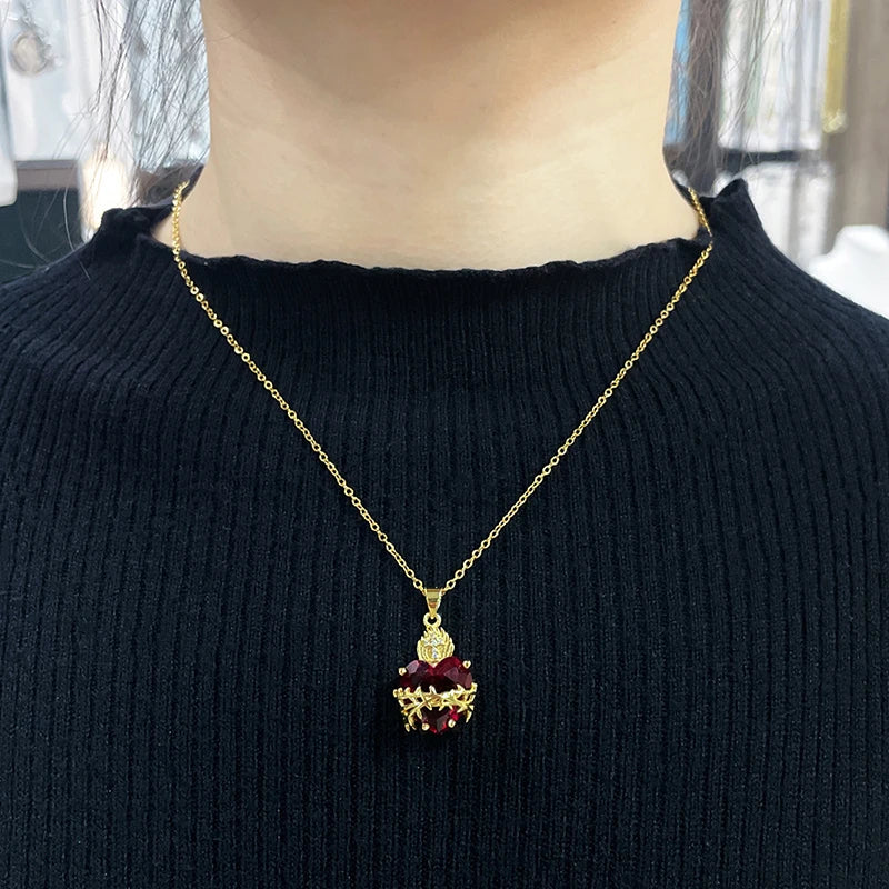 Trendy Sacred Necklace Of Jesus Red Zircon Heart Pendant Cross Choker For Women Jewelry Party Gifts