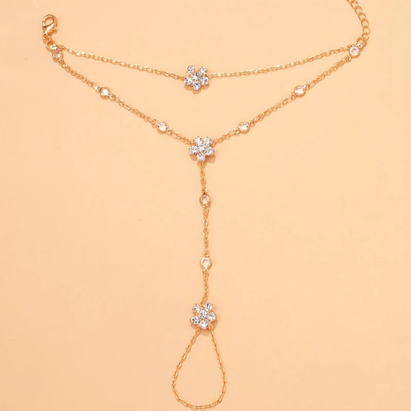 Exquisite Sparkling Zircon Flower Chain Double Layered Bracelet Ring Integrated, Women's Holiday Banquet Accessories Gift