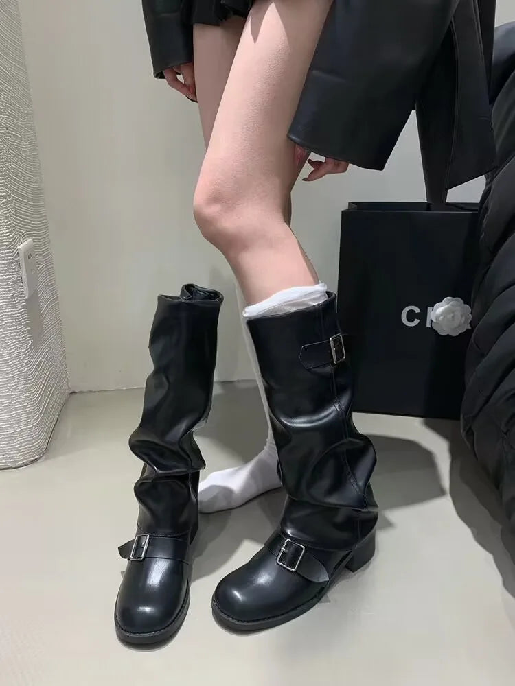 2025Woman Boots Knee High Platform Chunky Heels Trend Punk Gothic New Rock Leather Fashion Women's Shoes Motorcycle Footwear