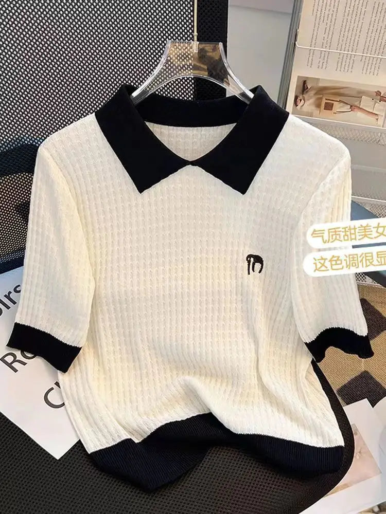 Women's Clothing Casual Loose T-shirt Summer Cool Silk Knit Short Sleeve Thin Tees Lady Versatile Turn-down Collar Pullover Tops