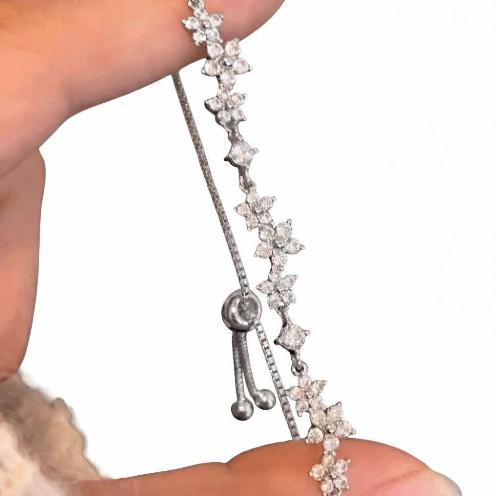 Floral Shiny Adjustable Zircon Bracelet Elegant Micro-inlaid Zircon Pull Flower Bracelet Crystal Silver Hand Chain Gifts