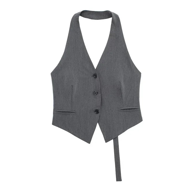 2025 Women's Fashion Off Shoulder Sleeveless Cropped Vest Backless Design V Neck Short Summer Waistcoat Daily Outfits