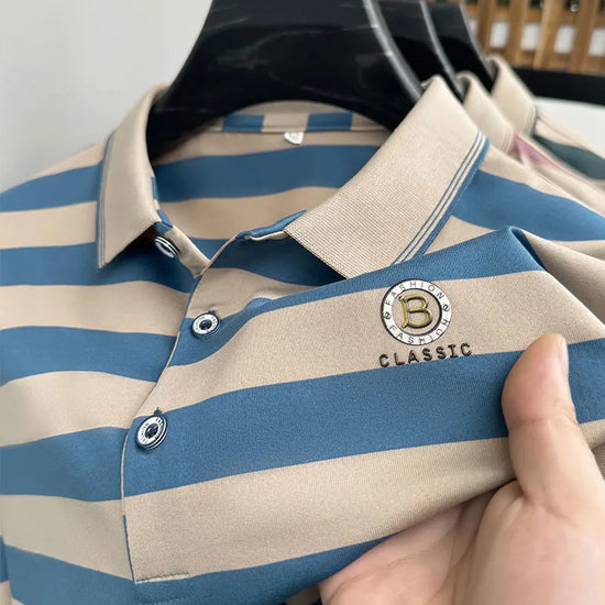 Quality Man Summer Hot Short-Sleeved Polo Shirt Letter Print Stripe Lapel Button British Style T-Shirt Fashion Leisure Mens Wear