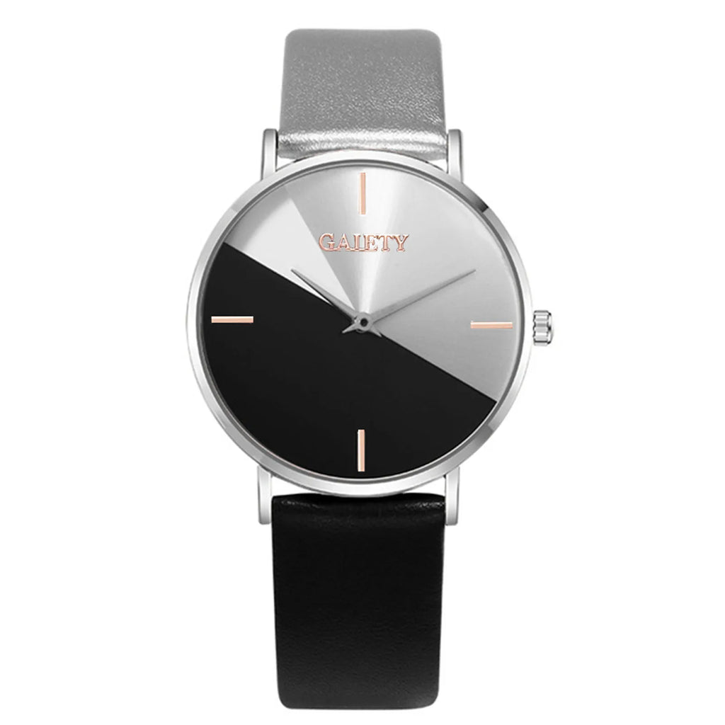Women'S Watch Set Luxury Fashion Light Luxury Geometric Stitching Quartz Style Pu Leather Strap Round Dial Women'S Gift