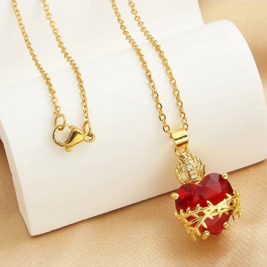 Trendy Sacred Necklace Of Jesus Red Zircon Heart Pendant Cross Choker For Women Jewelry Party Gifts