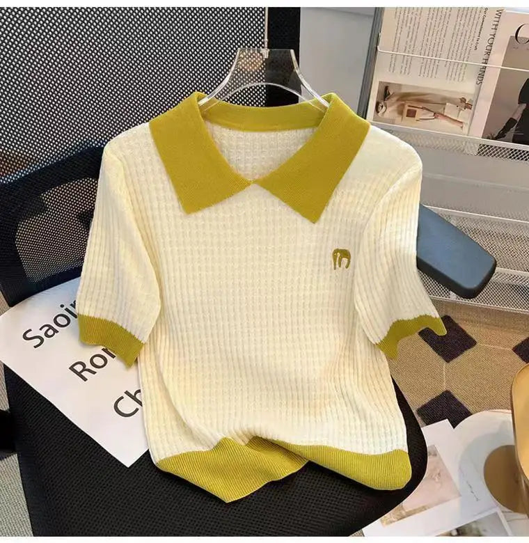 Women's Clothing Casual Loose T-shirt Summer Cool Silk Knit Short Sleeve Thin Tees Lady Versatile Turn-down Collar Pullover Tops