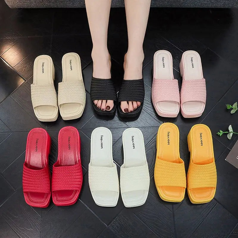 35-40 Women Slippers Wedges Sandals Summer Shoes Female Beach Flip Flops Thick-soled Square Toe Mules Clogs Platform Footwear Y2