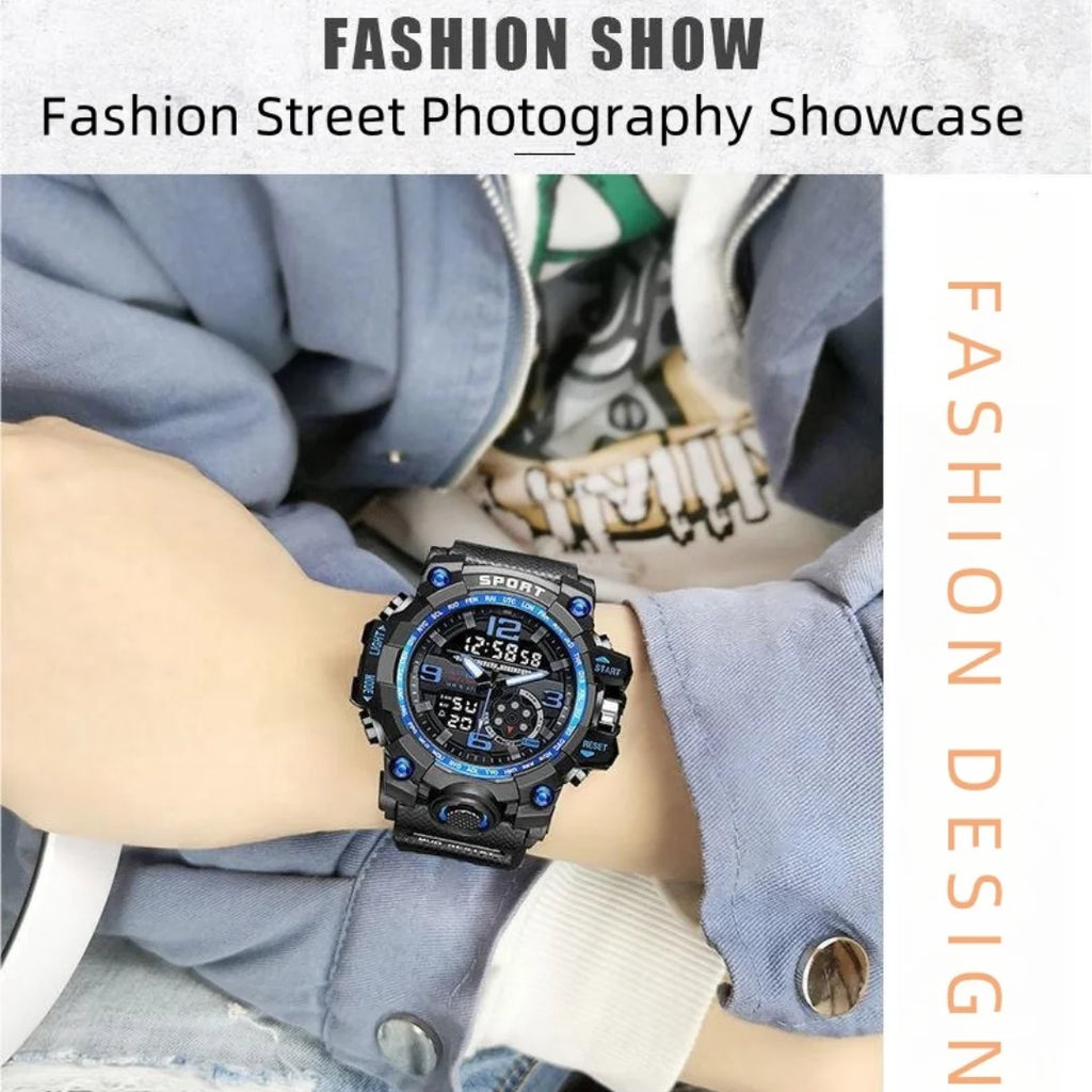 Mens Watch Multi Function Open Button Luminous Function Dual Display Analog Digital Watch Suitable for Sports and Running