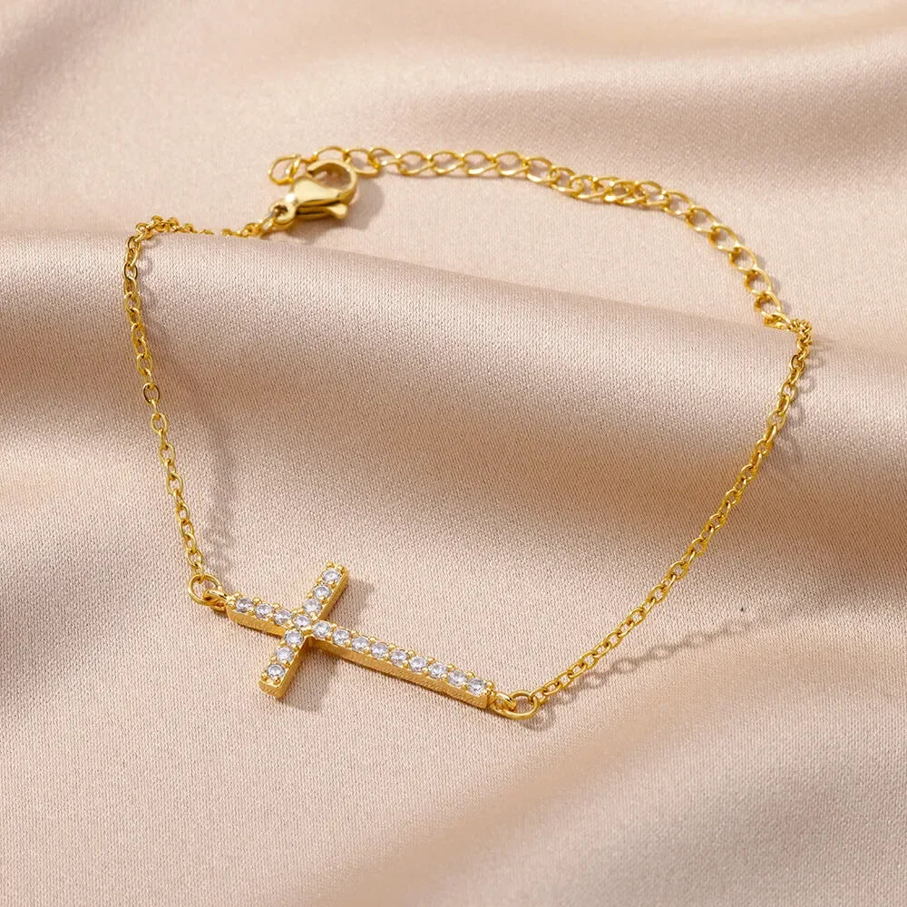 Zircon Crystal Cross Bracelet For Women Gold Plated Stainless Steel Bracelet Chain Vintage Jesus Religion Aesthetic Jewelry Gift