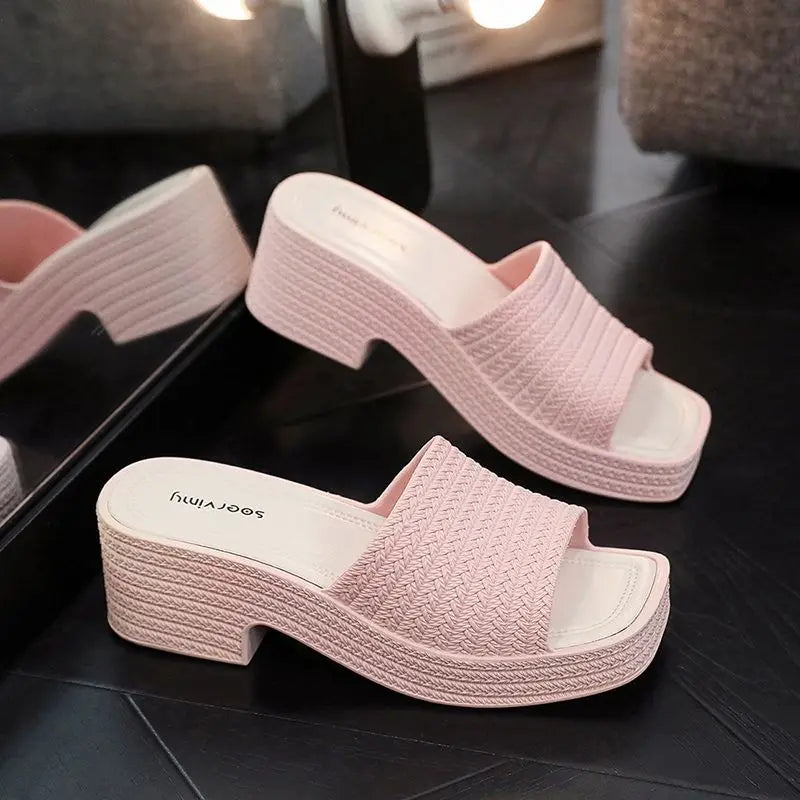 35-40 Women Slippers Wedges Sandals Summer Shoes Female Beach Flip Flops Thick-soled Square Toe Mules Clogs Platform Footwear Y2