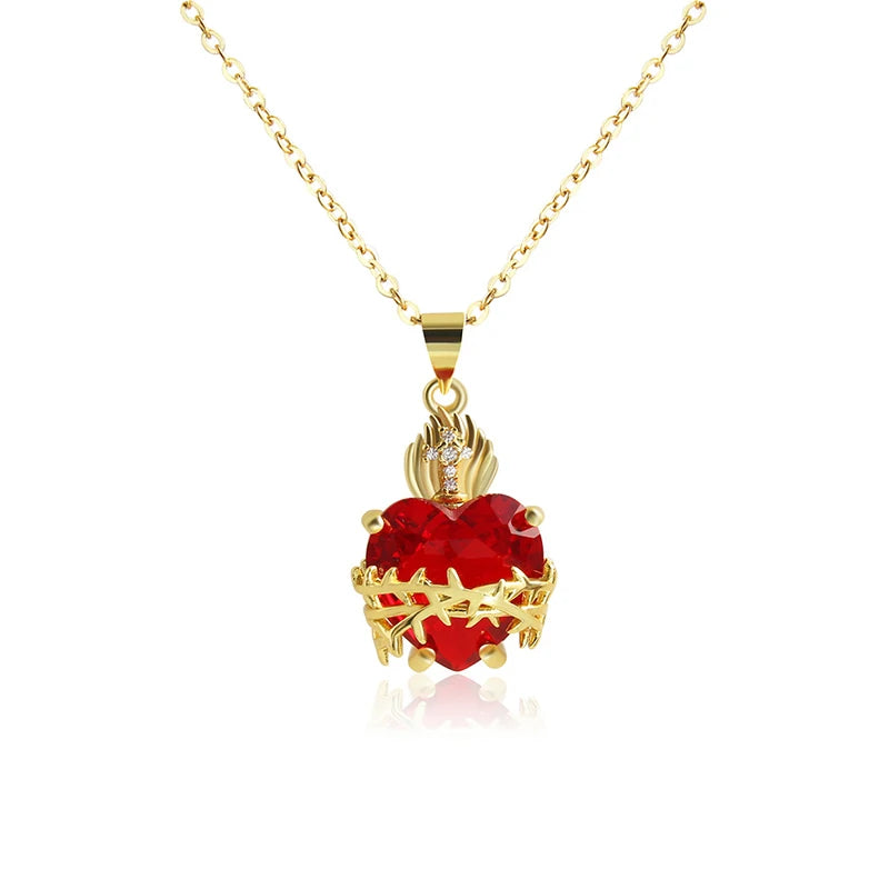 Trendy Sacred Necklace Of Jesus Red Zircon Heart Pendant Cross Choker For Women Jewelry Party Gifts