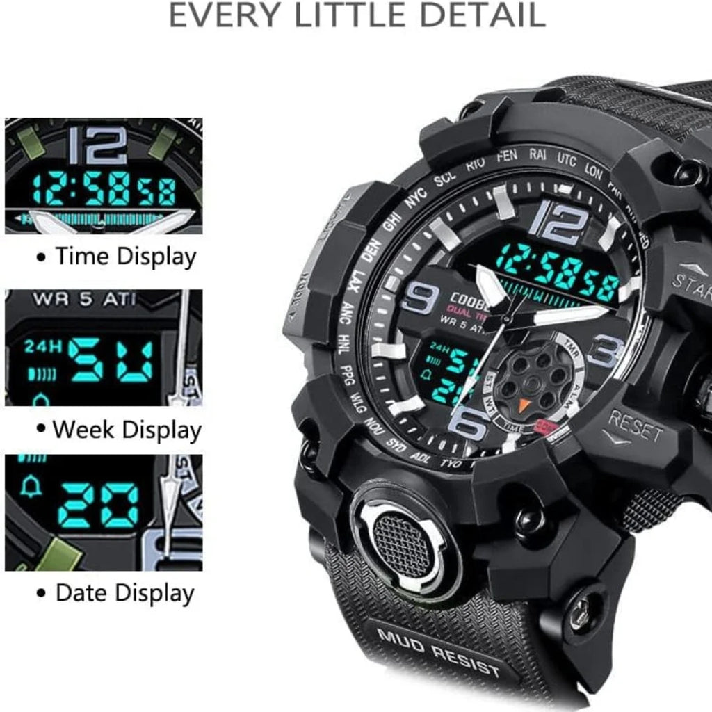Mens Watch Multi Function Open Button Luminous Function Dual Display Analog Digital Watch Suitable for Sports and Running