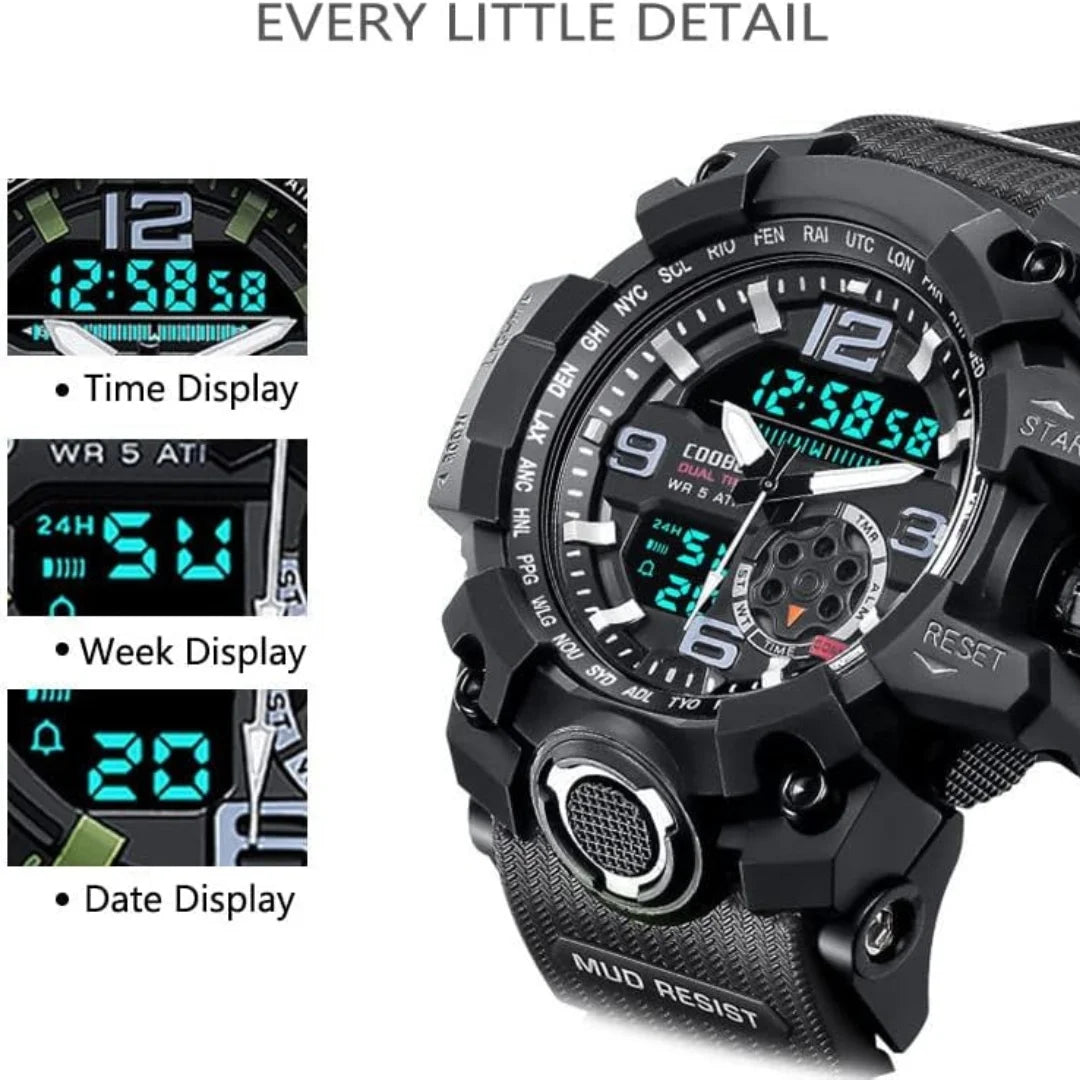 Mens Watch Multi Function Open Button Luminous Function Dual Display Analog Digital Watch Suitable for Sports and Running