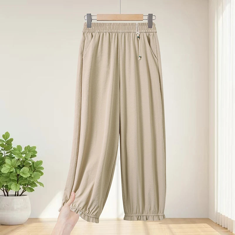Women's Cotton Linen Harem Pants Summer Loose Thin Elastic Waist Casual bloomers Pants High Waist Nine Points