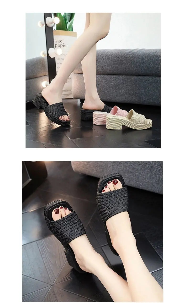 35-40 Women Slippers Wedges Sandals Summer Shoes Female Beach Flip Flops Thick-soled Square Toe Mules Clogs Platform Footwear Y2