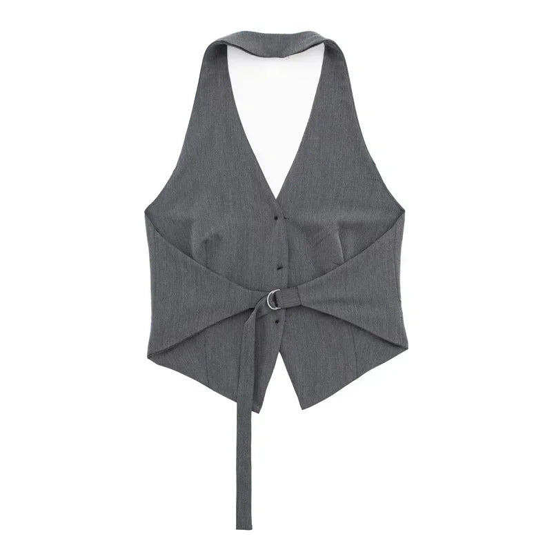2025 Women's Fashion Off Shoulder Sleeveless Cropped Vest Backless Design V Neck Short Summer Waistcoat Daily Outfits