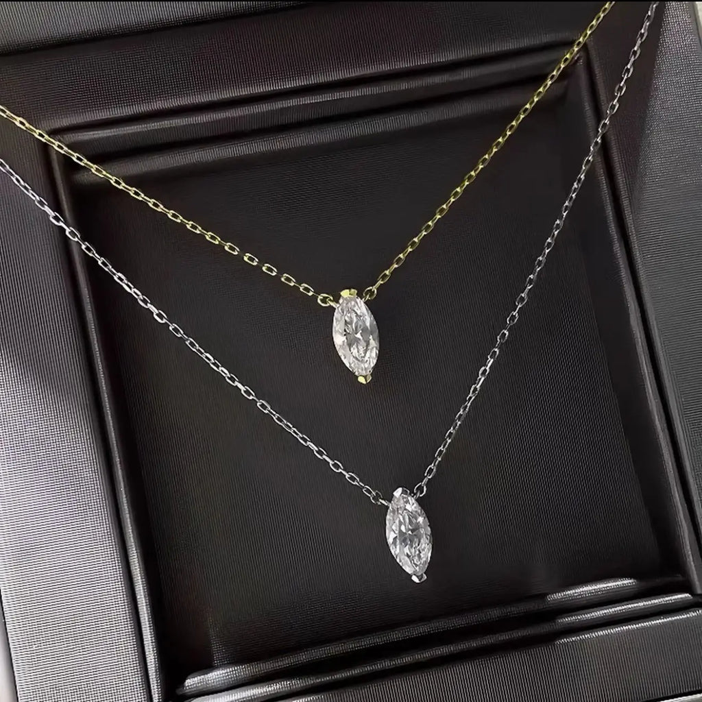 925 Silver Plated Fashion Golden Marquise Series Zircon Ring Necklace For Women Engagement Wedding Simple Jewelry Set