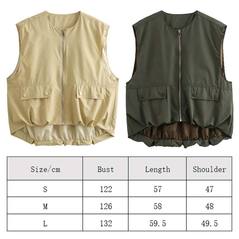 Women's Cropped Waistcoat Fashion Zipper Vest Women Sleeveless Loose Coats Female Chic Pleat Tops жилетка женская укороченная