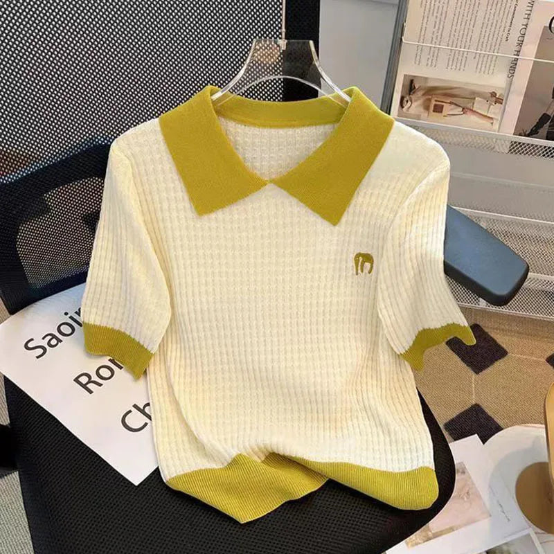 Women's Clothing Casual Loose T-shirt Summer Cool Silk Knit Short Sleeve Thin Tees Lady Versatile Turn-down Collar Pullover Tops