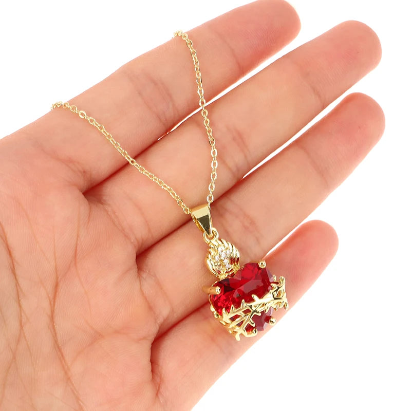 Trendy Sacred Necklace Of Jesus Red Zircon Heart Pendant Cross Choker For Women Jewelry Party Gifts