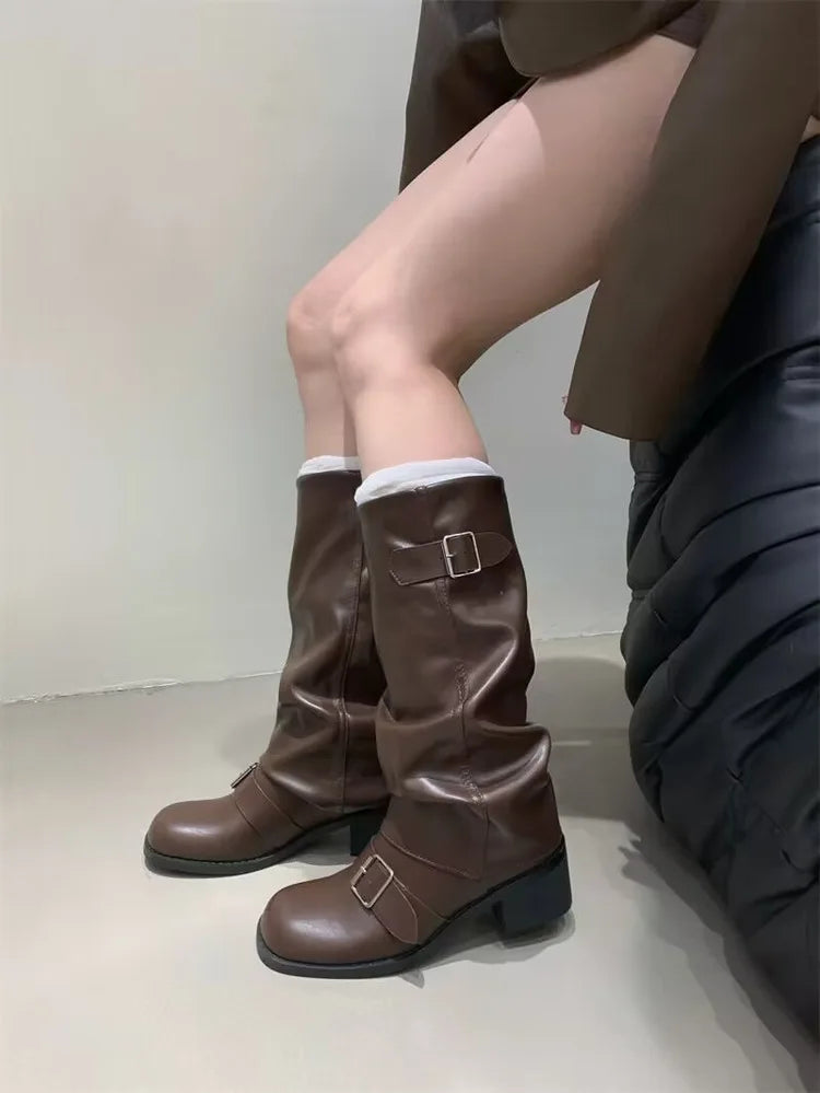 2025Woman Boots Knee High Platform Chunky Heels Trend Punk Gothic New Rock Leather Fashion Women's Shoes Motorcycle Footwear