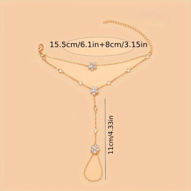 Exquisite Sparkling Zircon Flower Chain Double Layered Bracelet Ring Integrated, Women's Holiday Banquet Accessories Gift