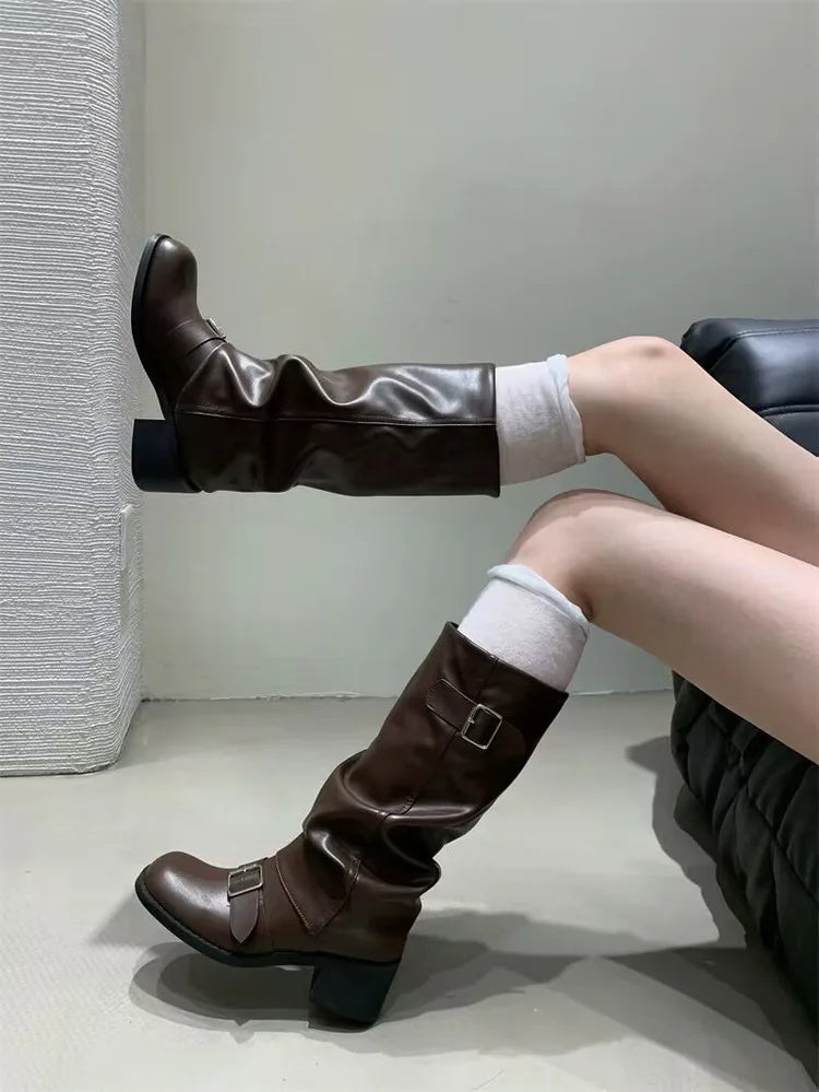 2025Woman Boots Knee High Platform Chunky Heels Trend Punk Gothic New Rock Leather Fashion Women's Shoes Motorcycle Footwear