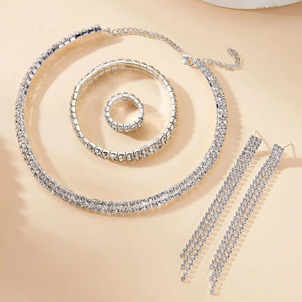 Exquisite Zircon Tennis Bracelet Choker Necklace for Women Full Rhinestone Dangle Earrings and Ring Wedding Party Jewelry Set