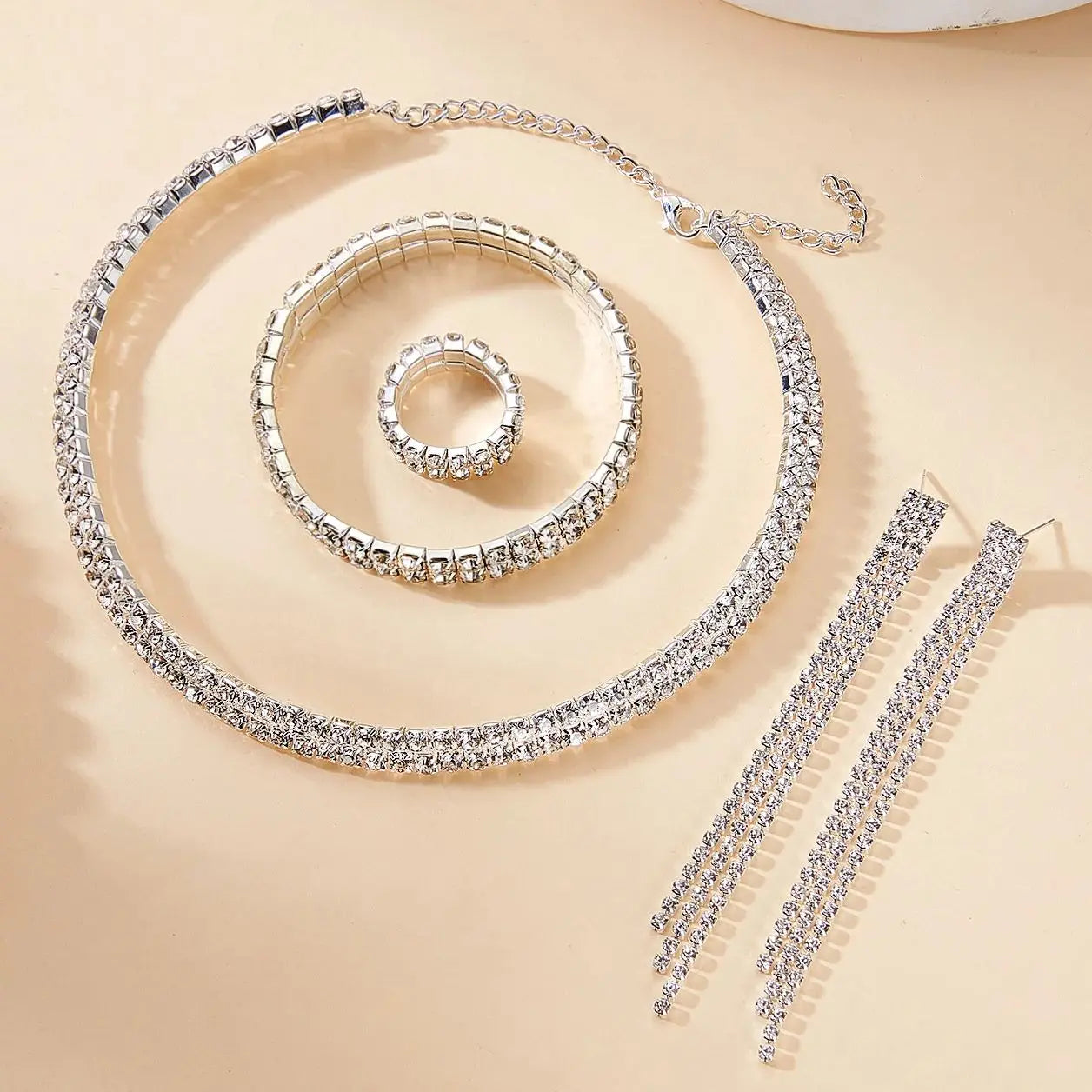 Exquisite Zircon Tennis Bracelet Choker Necklace for Women Full Rhinestone Dangle Earrings and Ring Wedding Party Jewelry Set