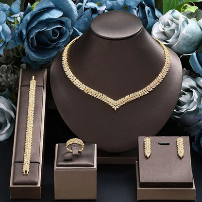 Zirconia Bridal Jewelry Set For Women Dubai Saudi Wedding Necklace Earring  Bracelet Ring Set Prom Evening Dress Party Jewelry