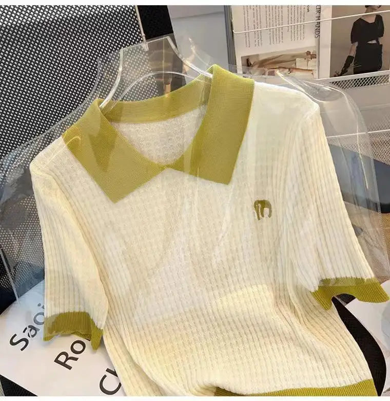 Women's Clothing Casual Loose T-shirt Summer Cool Silk Knit Short Sleeve Thin Tees Lady Versatile Turn-down Collar Pullover Tops