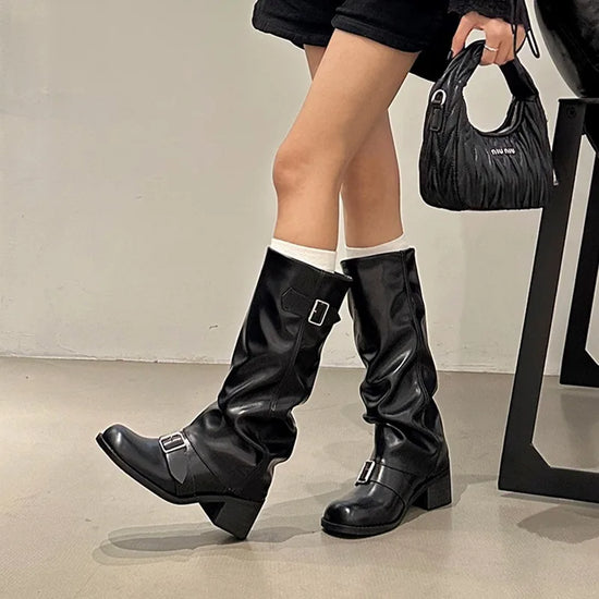 2025Woman Boots Knee High Platform Chunky Heels Trend Punk Gothic New Rock Leather Fashion Women&