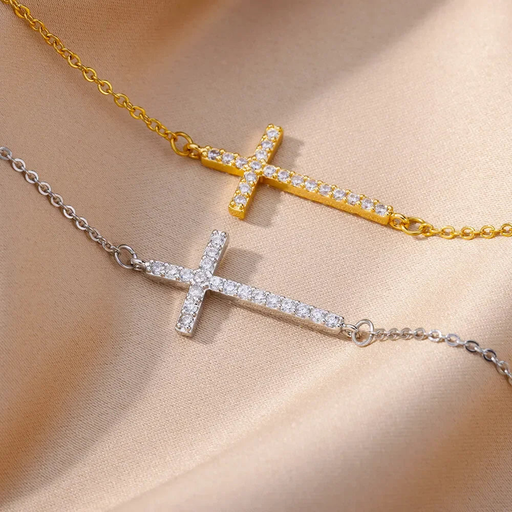 Zircon Crystal Cross Bracelet For Women Gold Plated Stainless Steel Bracelet Chain Vintage Jesus Religion Aesthetic Jewelry Gift