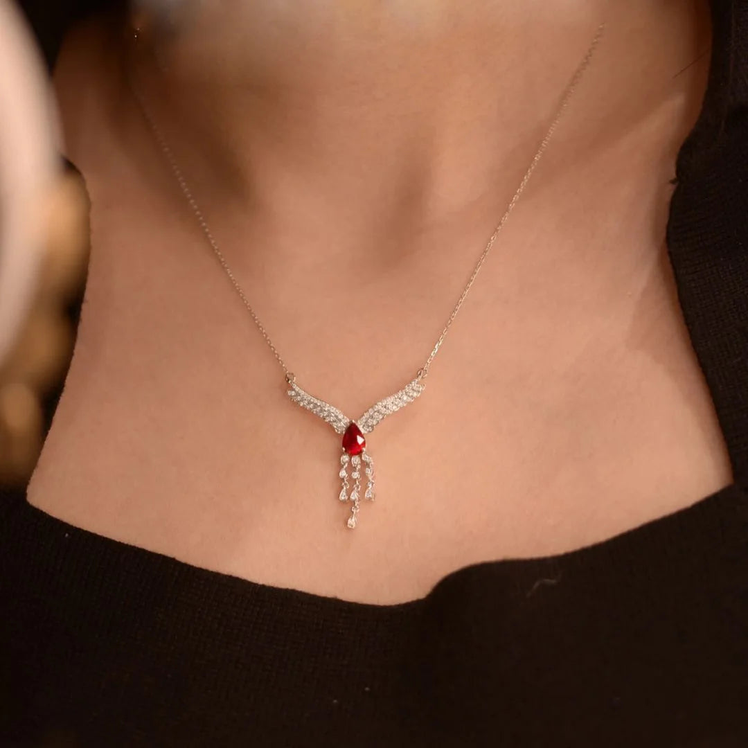 Luxurious and showy red gemstone necklace for women silver 925 inlaid diamonds wings collar chain exquisite wedding jewelry